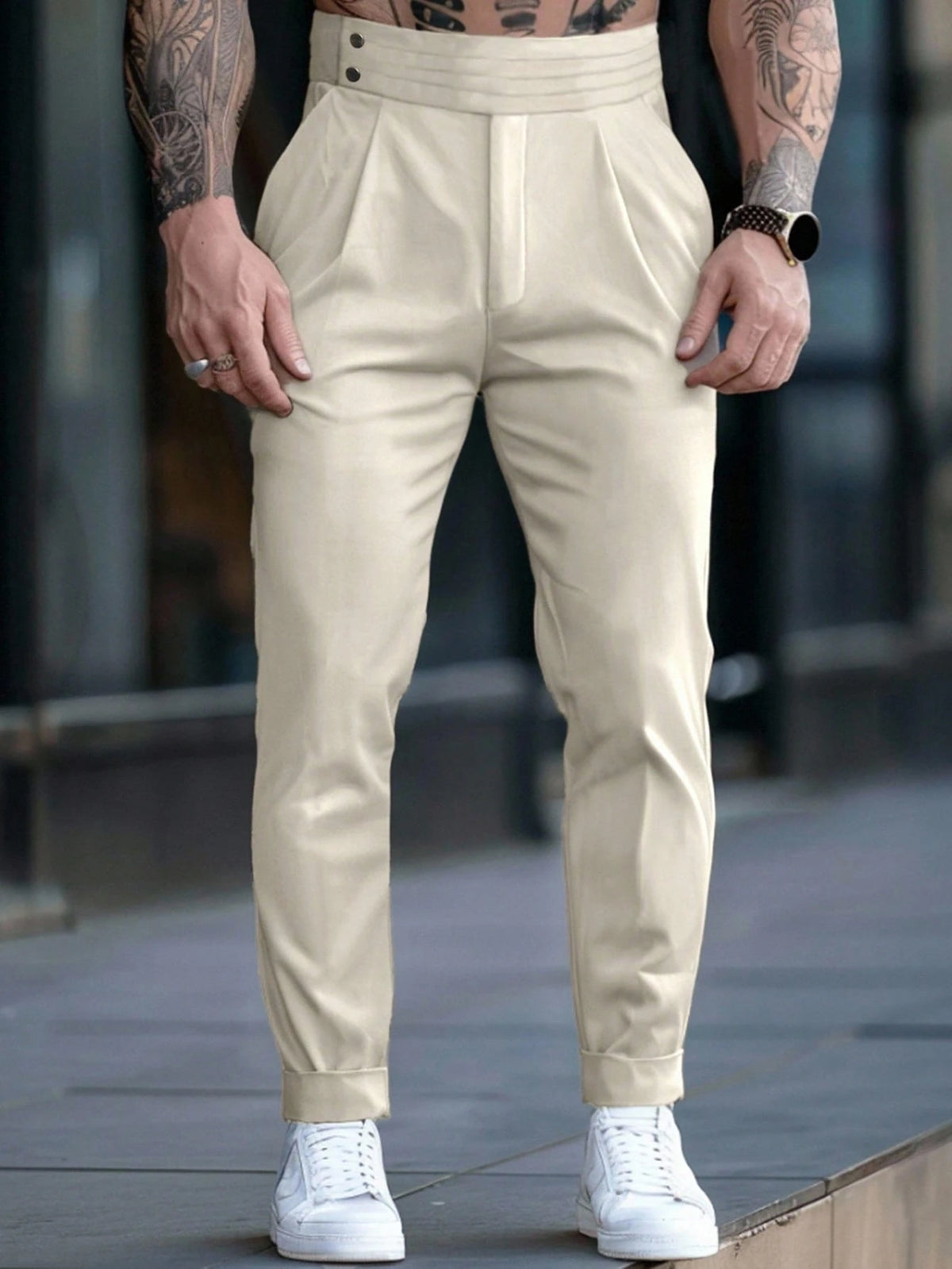 Manfinity Homme Calça Casual Solta, de Perna Reta e Pregas de Cor Sólida para Homens