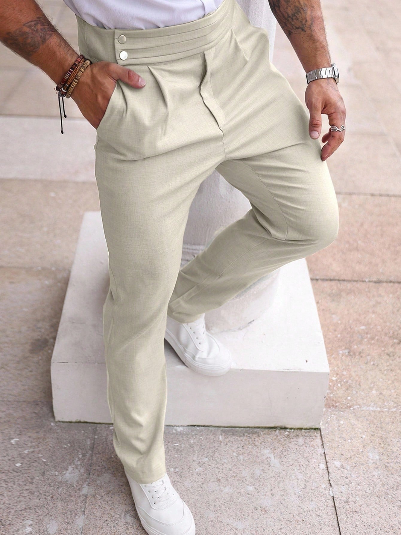 Manfinity Homme Calça Casual Solta, de Perna Reta e Pregas de Cor Sólida para Homens