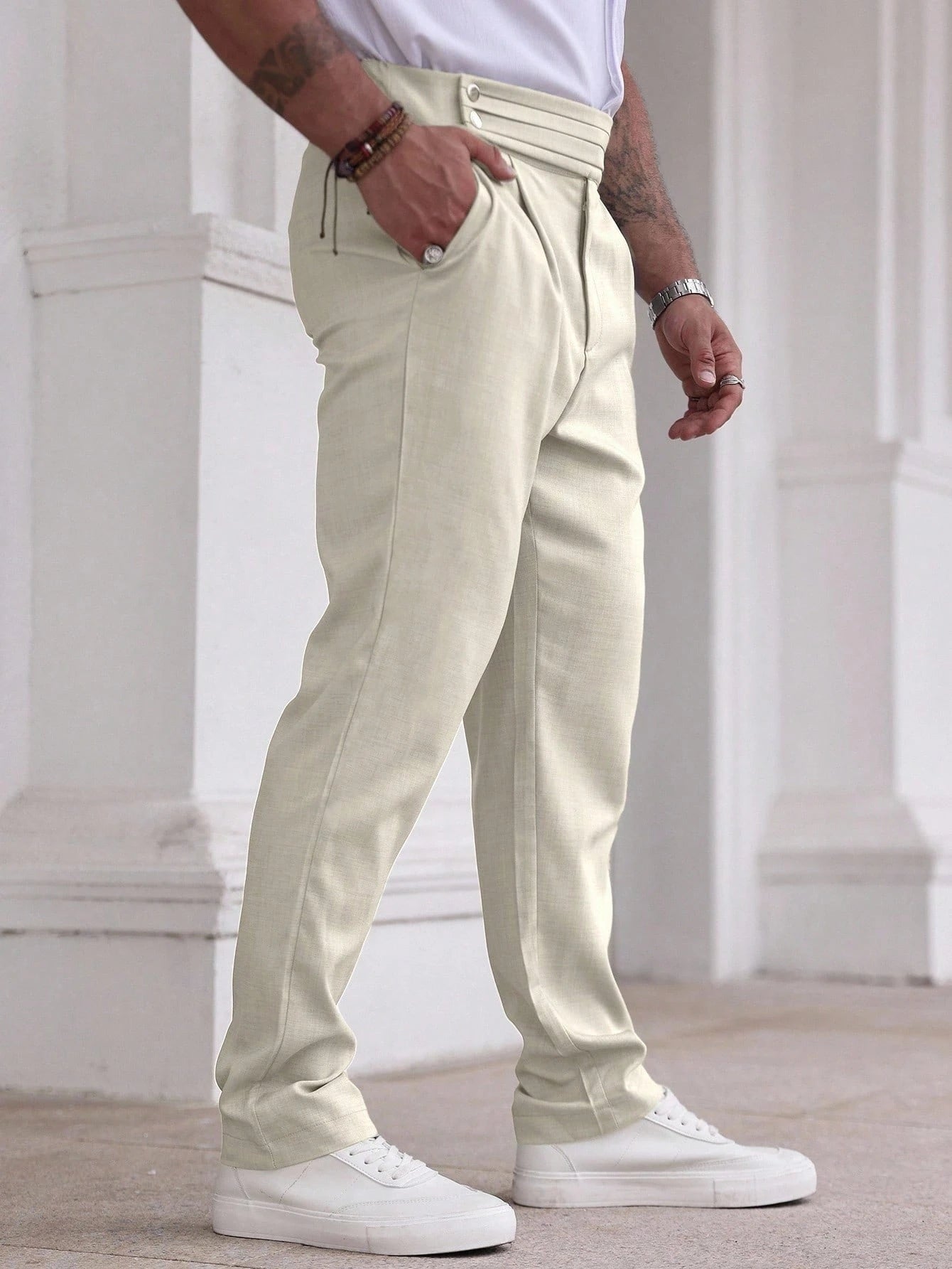 Manfinity Homme Calça Casual Solta, de Perna Reta e Pregas de Cor Sólida para Homens