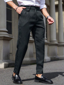 Calça Social Preta Listrada Masculina Alfaiataria  Regular Fit