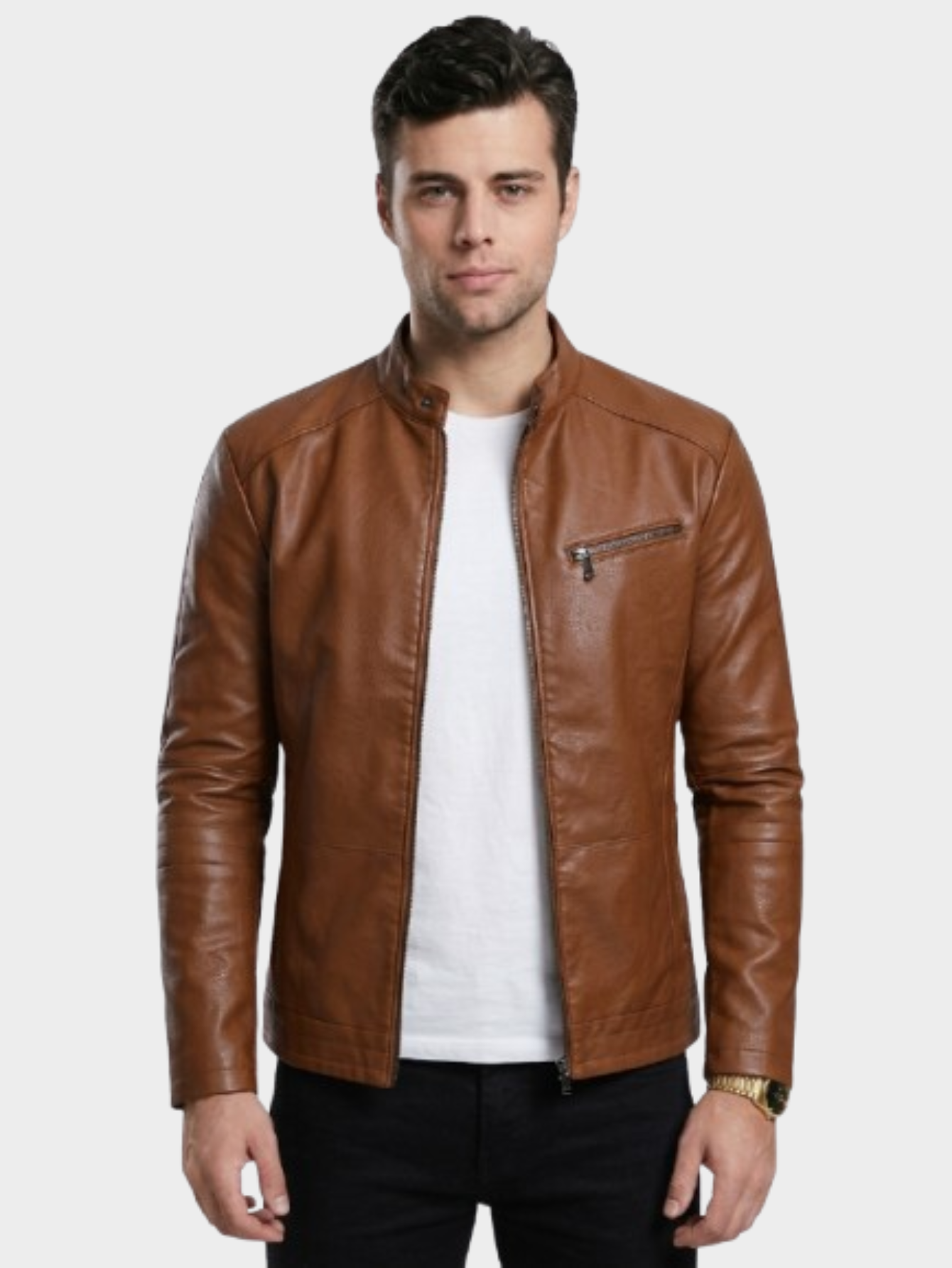 Jaqueta de Couro Masculina Savonna Gola Alta e Bolso Frontal