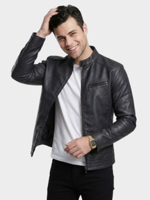 Jaqueta de Couro Masculina Savonna Gola Alta e Bolso Frontal