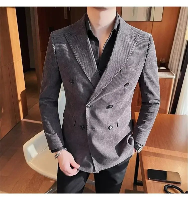 Men's Corduroy Striped Suit Jaet Autumn Winter Thiened Korean Sle Slim Fit Faionable Casual Western Top