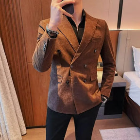 Men's Corduroy Striped Suit Jaet Autumn Winter Thiened Korean Sle Slim Fit Faionable Casual Western Top