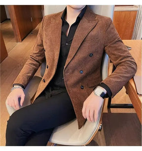 Men's Corduroy Striped Suit Jaet Autumn Winter Thiened Korean Sle Slim Fit Faionable Casual Western Top
