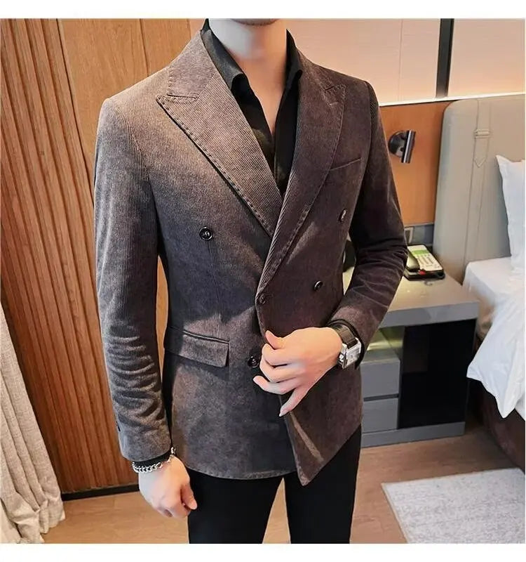 Men's Corduroy Striped Suit Jaet Autumn Winter Thiened Korean Sle Slim Fit Faionable Casual Western Top