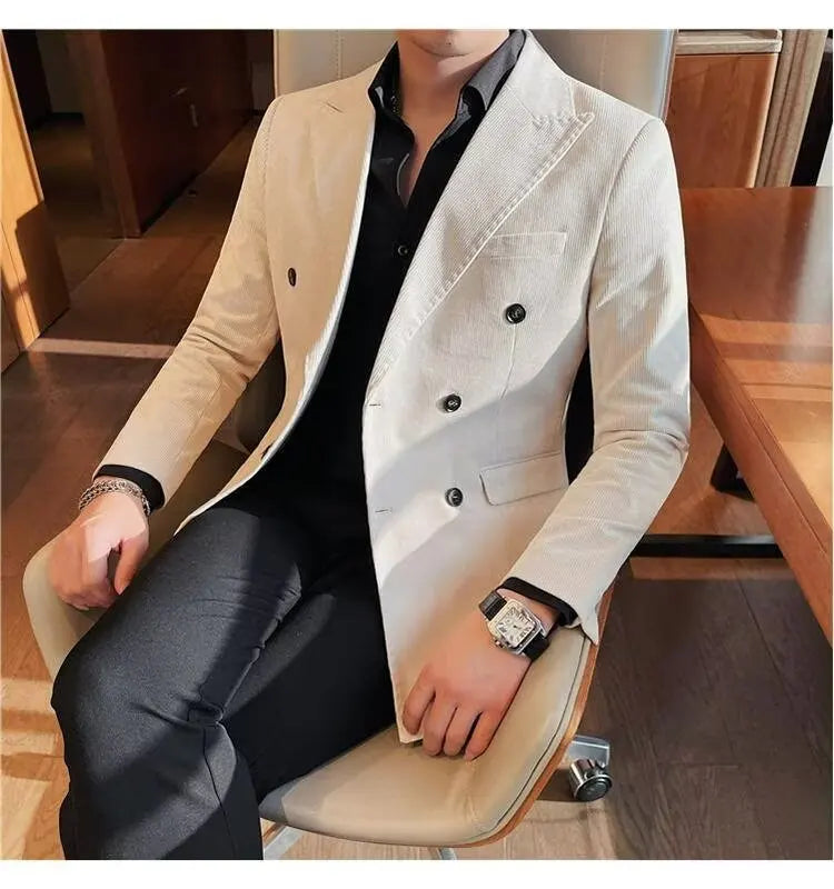 Men's Corduroy Striped Suit Jaet Autumn Winter Thiened Korean Sle Slim Fit Faionable Casual Western Top