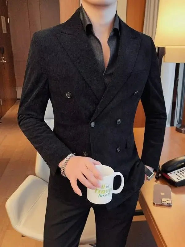 Men's Corduroy Striped Suit Jaet Autumn Winter Thiened Korean Sle Slim Fit Faionable Casual Western Top