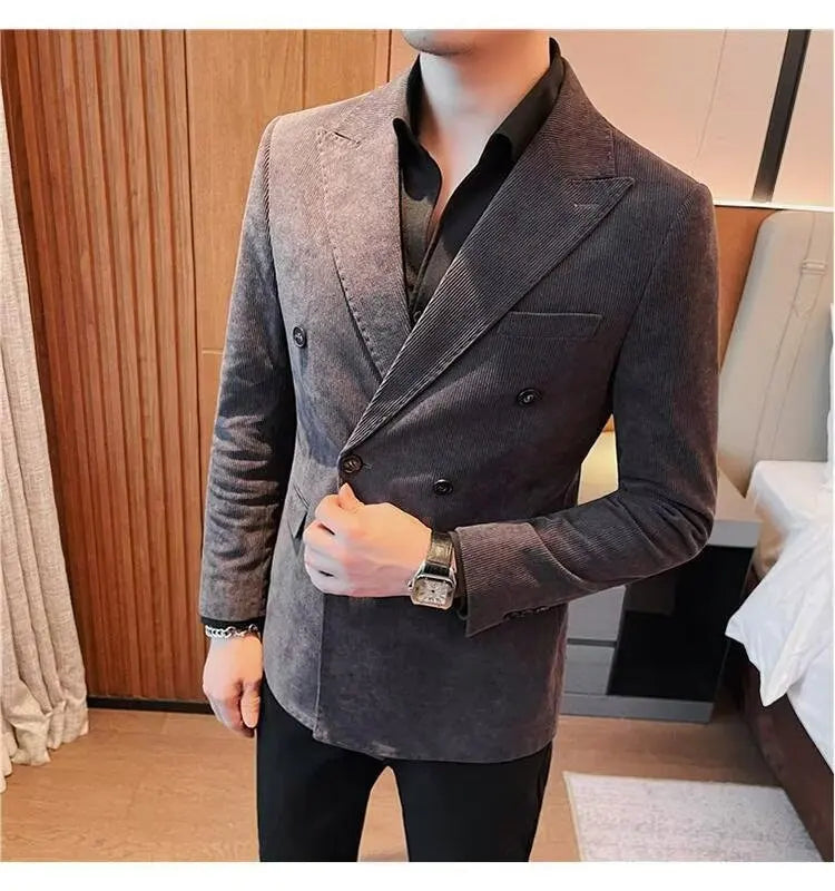 Men's Corduroy Striped Suit Jaet Autumn Winter Thiened Korean Sle Slim Fit Faionable Casual Western Top