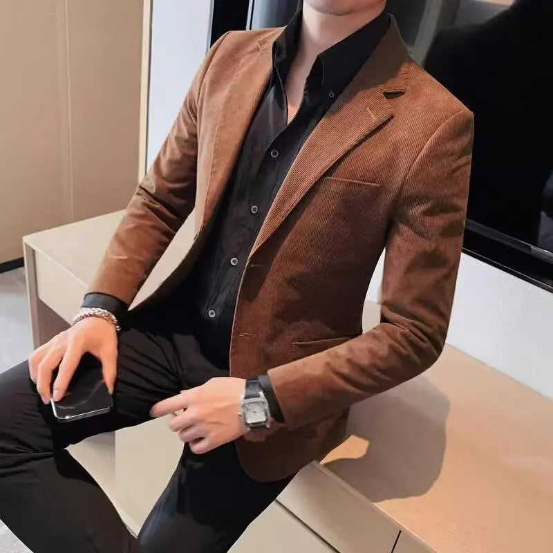 Men's Corduroy Striped Suit Jaet Autumn Winter Thiened Korean Sle Slim Fit Faionable Casual Western Top
