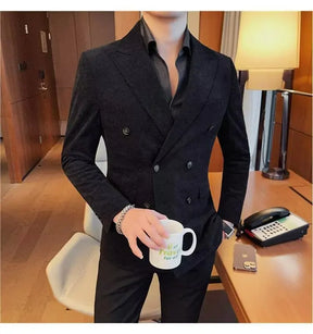 Men's Corduroy Striped Suit Jaet Autumn Winter Thiened Korean Sle Slim Fit Faionable Casual Western Top