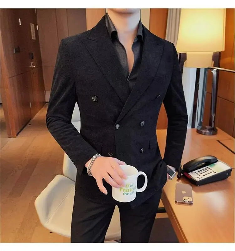 Men's Corduroy Striped Suit Jaet Autumn Winter Thiened Korean Sle Slim Fit Faionable Casual Western Top