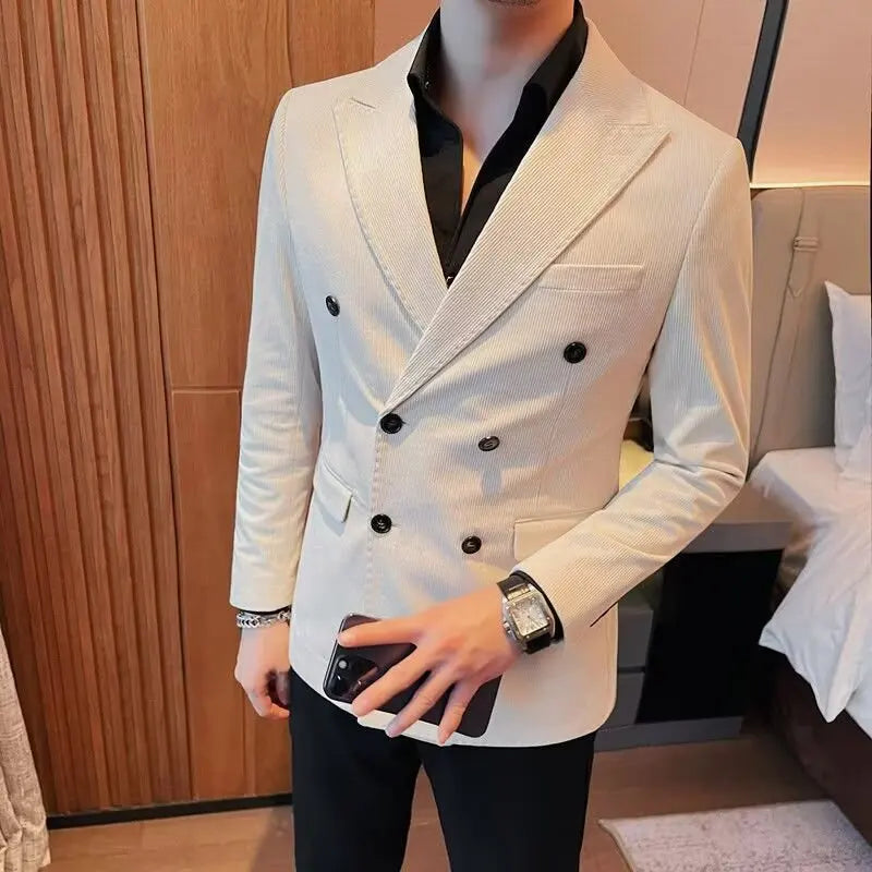 Men's Corduroy Striped Suit Jaet Autumn Winter Thiened Korean Sle Slim Fit Faionable Casual Western Top