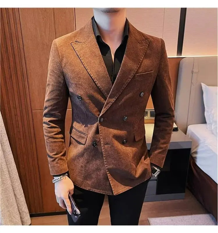 Men's Corduroy Striped Suit Jaet Autumn Winter Thiened Korean Sle Slim Fit Faionable Casual Western Top
