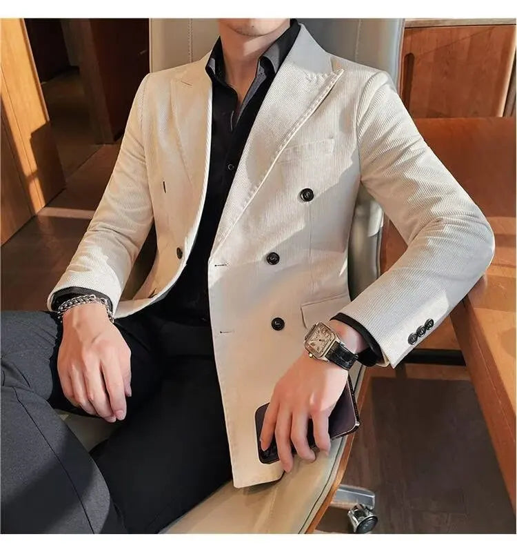 Men's Corduroy Striped Suit Jaet Autumn Winter Thiened Korean Sle Slim Fit Faionable Casual Western Top