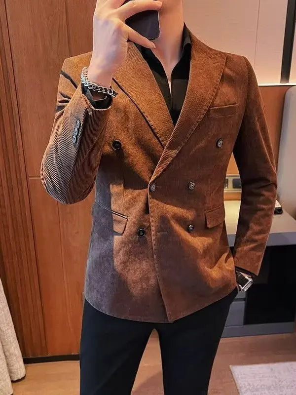Men's Corduroy Striped Suit Jaet Autumn Winter Thiened Korean Sle Slim Fit Faionable Casual Western Top