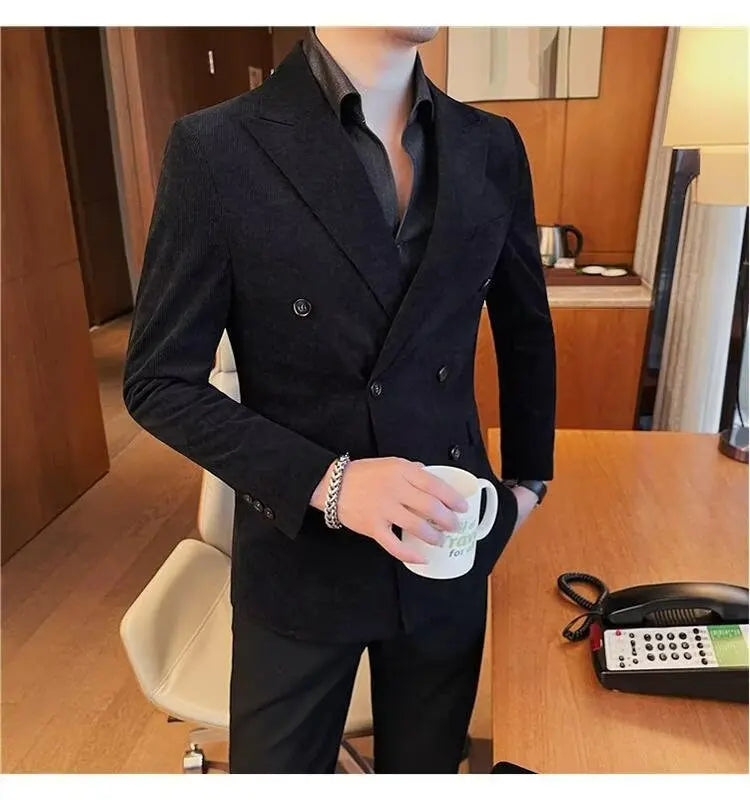 Men's Corduroy Striped Suit Jaet Autumn Winter Thiened Korean Sle Slim Fit Faionable Casual Western Top
