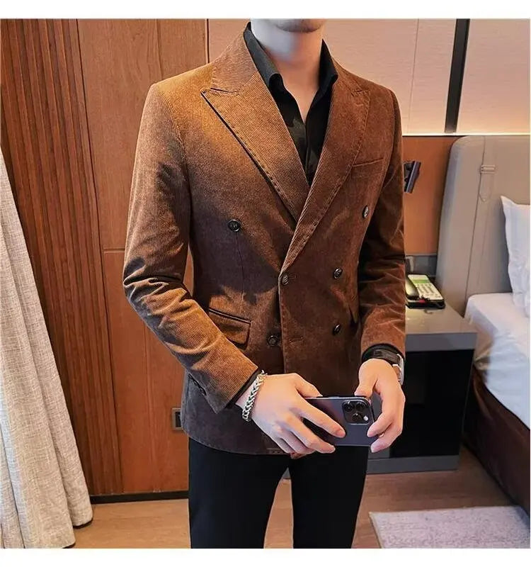 Men's Corduroy Striped Suit Jaet Autumn Winter Thiened Korean Sle Slim Fit Faionable Casual Western Top
