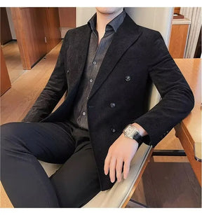 Men's Corduroy Striped Suit Jaet Autumn Winter Thiened Korean Sle Slim Fit Faionable Casual Western Top