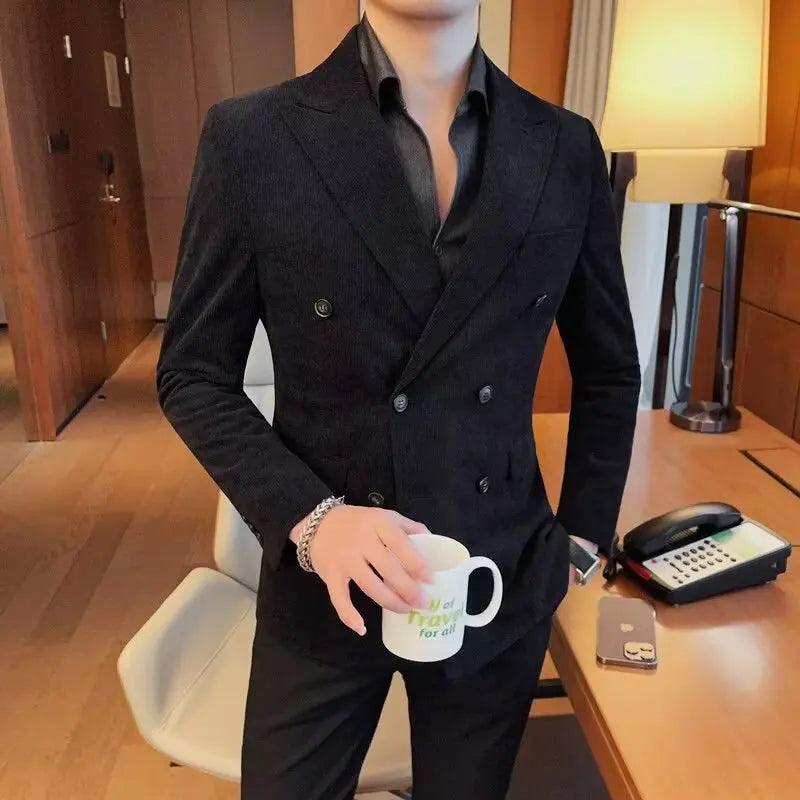 Men's Corduroy Striped Suit Jaet Autumn Winter Thiened Korean Sle Slim Fit Faionable Casual Western Top