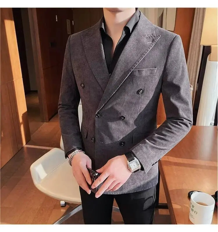 Men's Corduroy Striped Suit Jaet Autumn Winter Thiened Korean Sle Slim Fit Faionable Casual Western Top