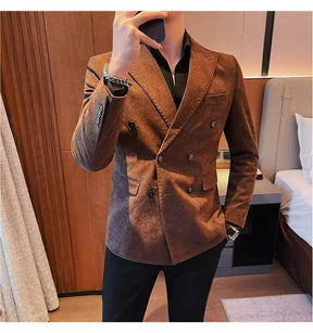 Men's Corduroy Striped Suit Jaet Autumn Winter Thiened Korean Sle Slim Fit Faionable Casual Western Top